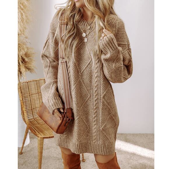 Cozy Solid Cable Knit Oversized Sweater Dress- Drop Shoulder Loose Fit Sweater - Picture 5 of 8